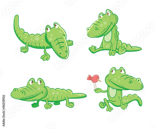 Set with four cartoon crocodiles in different poses. © voron4ihina