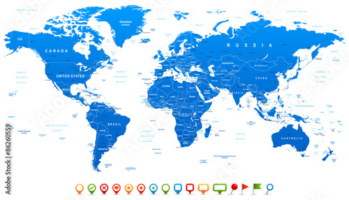 Blue World Map and navigation icons - illustration