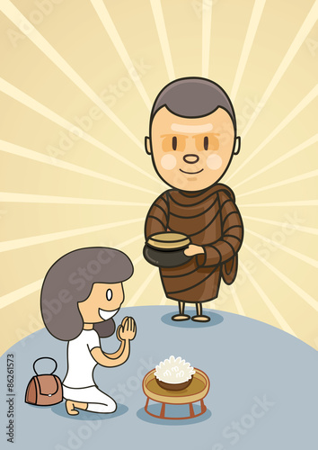 monk with bowl food with praying girl