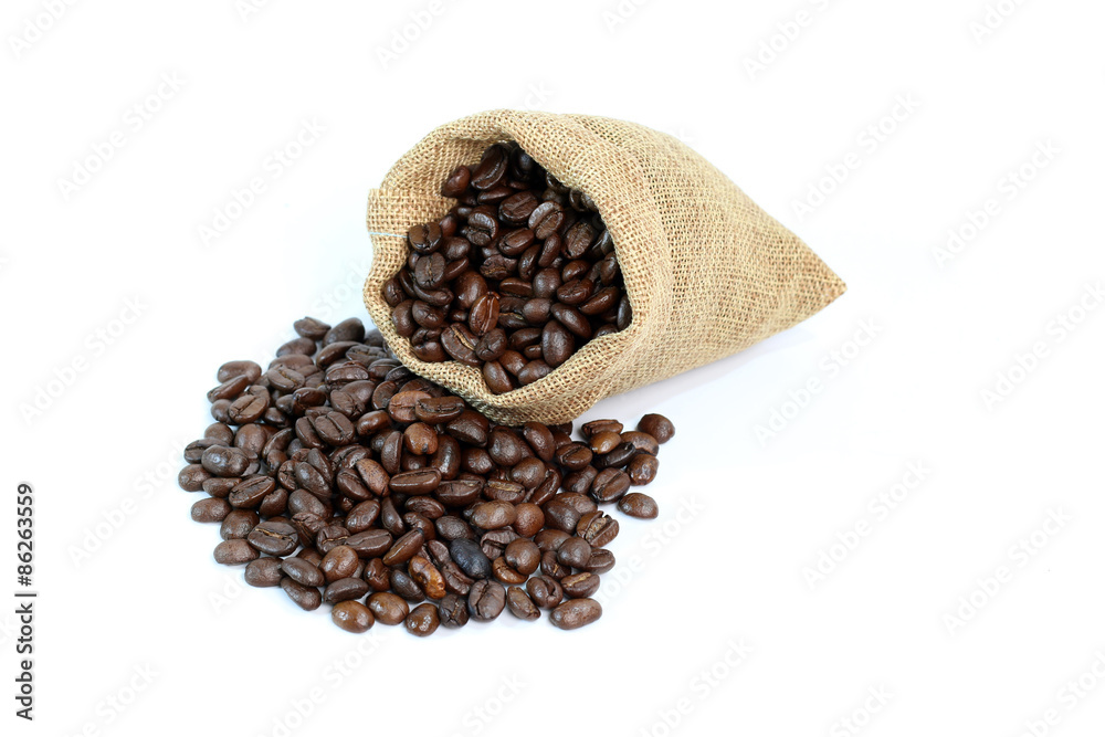 coffee beans with sack on white background coffee beans with sack on white background