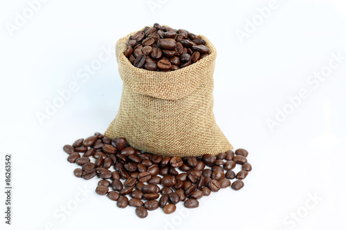 coffee beans with sack on white background
