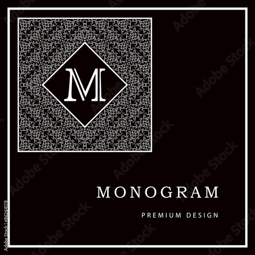 Monogram design elements, graceful template. Calligraphic elegant line art logo design. Letter M. Black and white Abstract decorative background with vintage modern pattern. Vector illustration