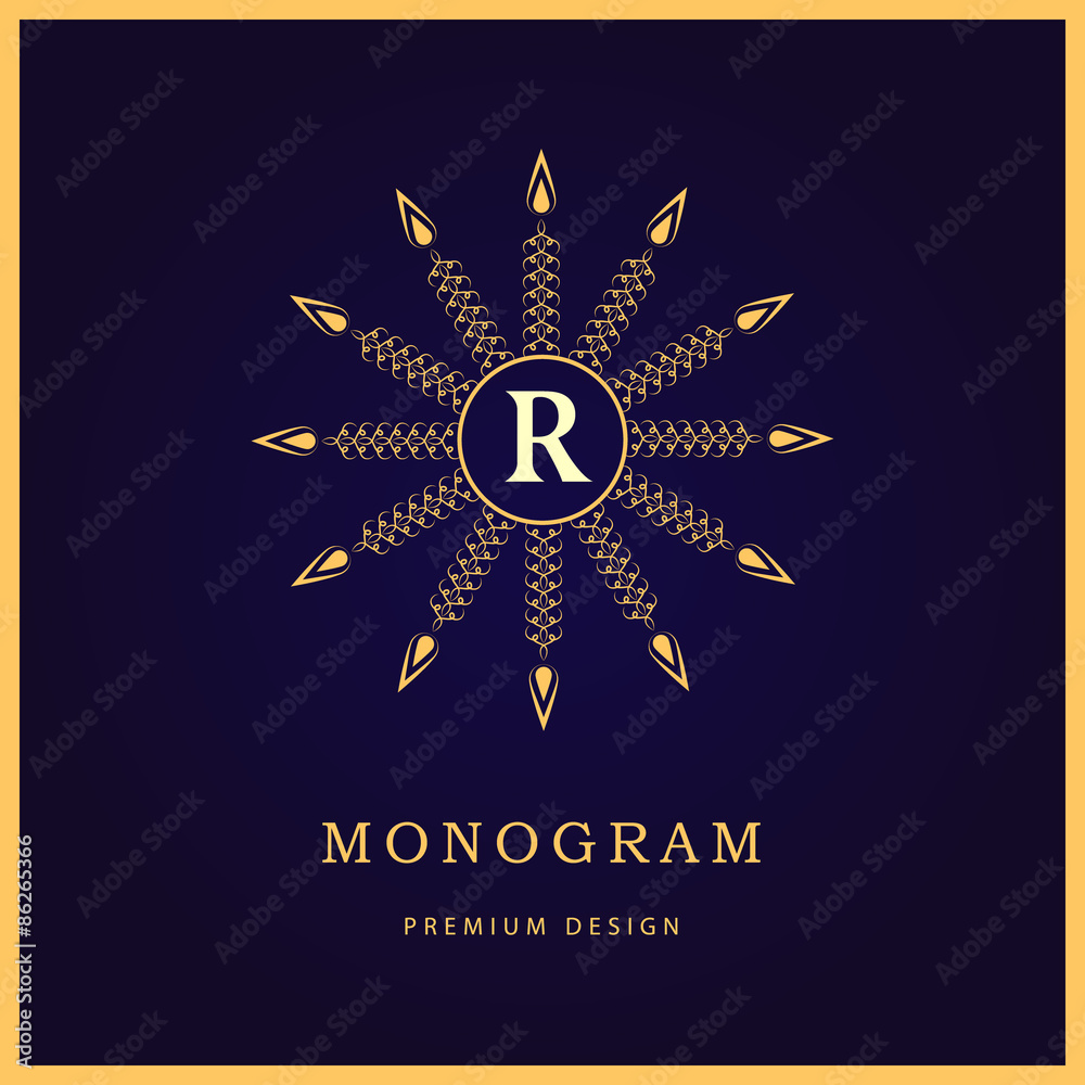 Fototapeta premium Monogram design elements, graceful template. Calligraphic elegant line art logo design. Letter R. Business sign for Royalty, Boutique, Cafe, Hotel, Heraldic, Jewelry, Wine. Vector illustration