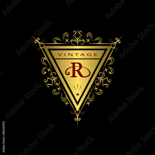 Monogram design elements, graceful template. Calligraphic elegant line art logo design. Gold emblem R. Business sign for Royalty, Boutique, Cafe, Hotel, Heraldic, Jewelry, Wine. Vector illustration