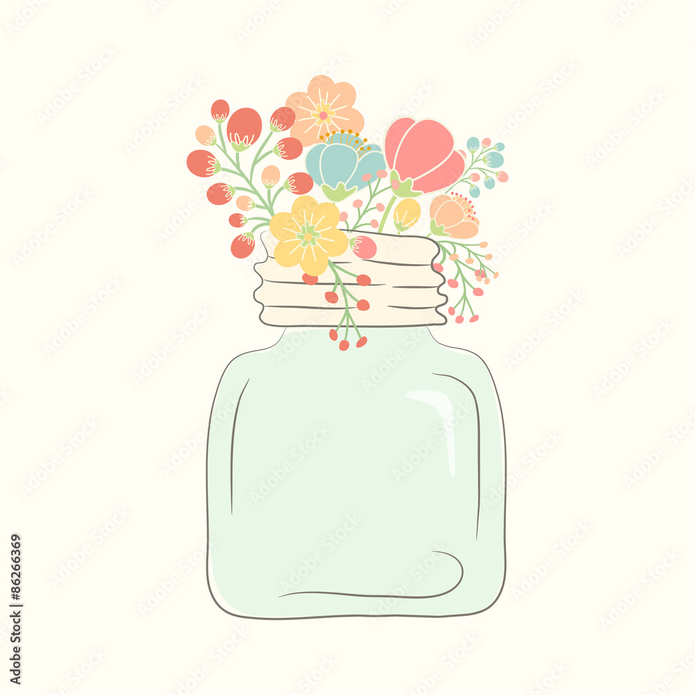 Cute bouquet of wedding flowers in a glass jar. Vector illustrat