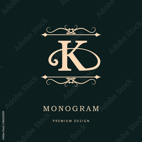 Monogram design elements, graceful template. Calligraphic elegant line art logo design. Letter emblem K. Business sign for Royalty, Boutique, Cafe, Hotel, Heraldic, Jewelry, Wine. Vector illustration