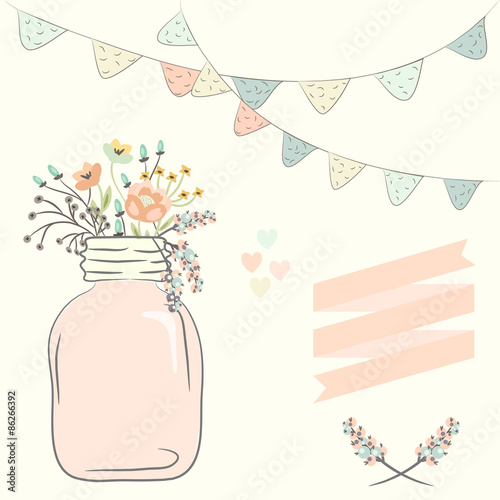 Cute bouquet of wedding flowers in a glass jar. Vector illustration