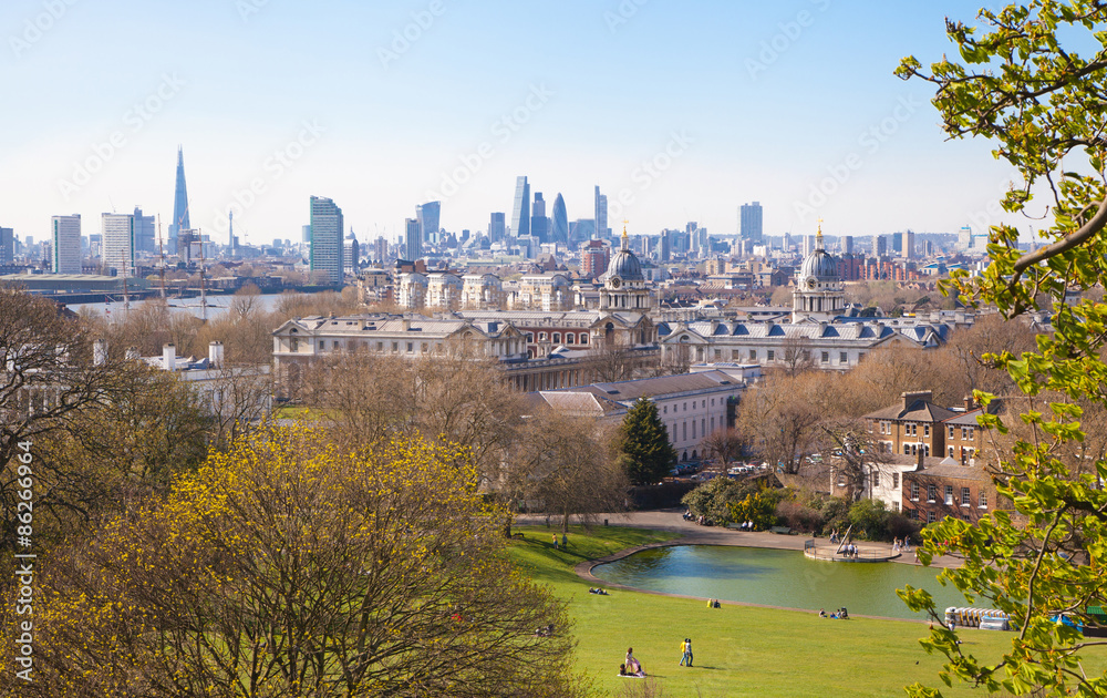 LONDON, UK - APRIL 14, 2015: Canary Wharf view from the Greenwich hill.