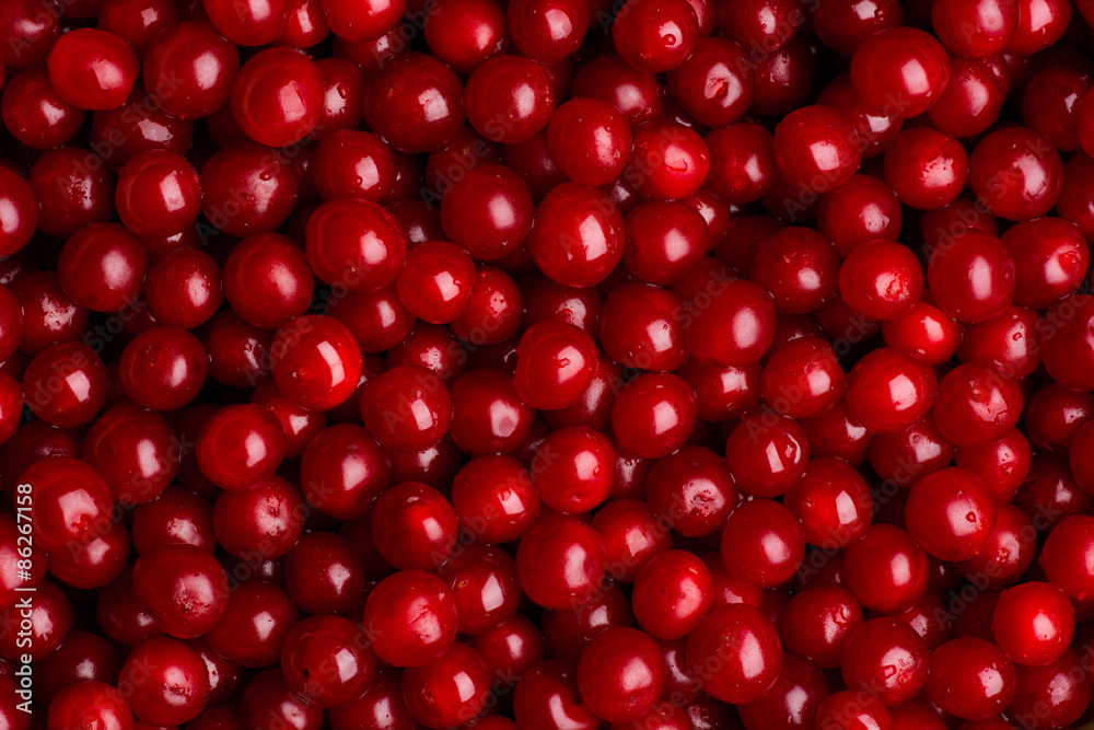 Cherries on wooden table with water drops macro background