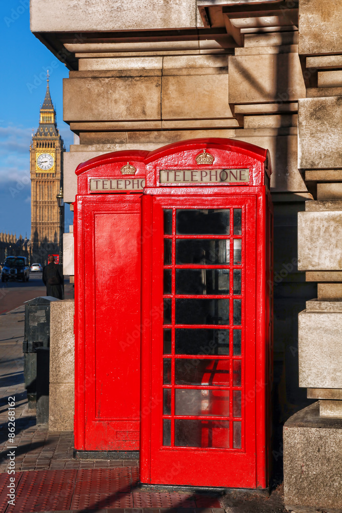 English red telephone booths with Big Ben in London, UK English red telephone booths with Big Ben in London, UK
