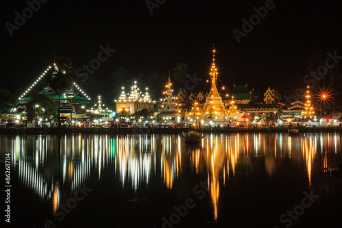 Wat Jong Klang in dark night and reflection at Maehongson province North of Thailand