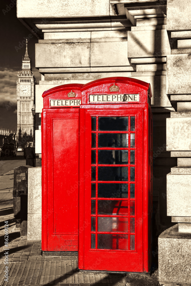 English red telephone booths with Big Ben in London, UK English red telephone booths with Big Ben in London, UK