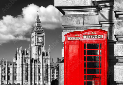 English red telephone booths with Big Ben in London, UK #86269355
