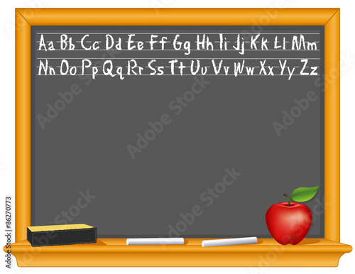 Blackboard, alphabet, chalk, eraser, apple for the teacher, back to school, education, literacy