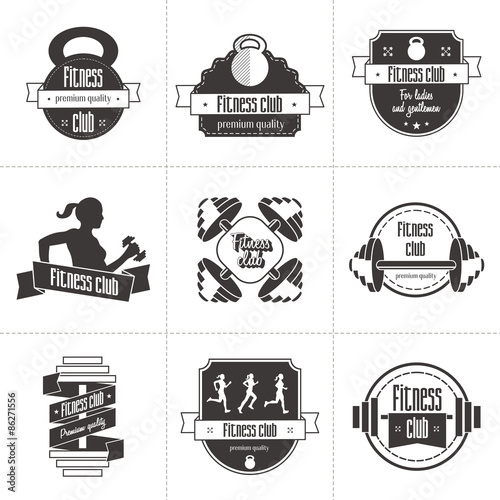 Vector set of sports and fitness club logo, athletic labels and badges templates. Gym, bodybuilder, fit man, athlete icon. Can be used to design business cards, shop windows, posters, flyers, etc.