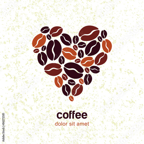Coffee beans in heart shape on grunge texture background. Vector