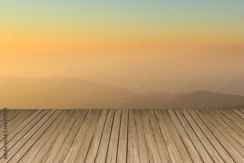wood terrace with view of Huai Nam Dang national park in the morning with sea of mist ,Thailand for background 