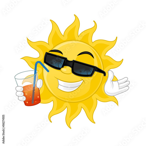 Cool sun cartoon mascot with sunglasses holding glass with soda illustration
