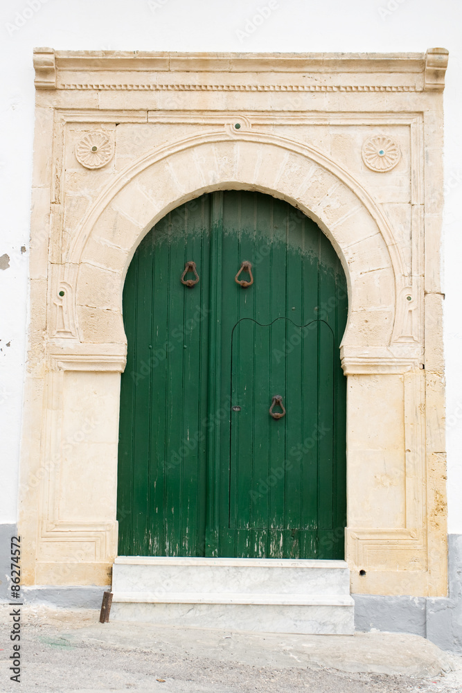 Locked Wooden Front Door of the Old House in Mahdia, Tunisia