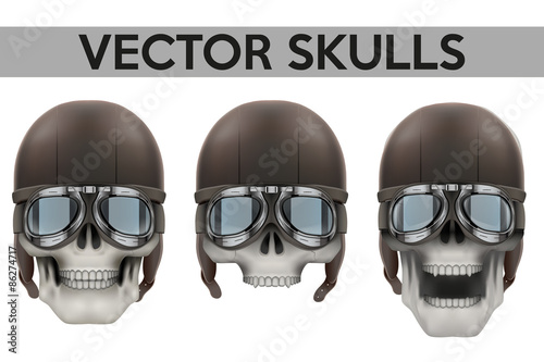 Set of Human skulls with goggles and helmet. 