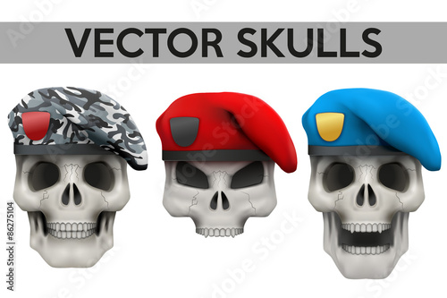 Set of Vector Human skulls with military berets on head