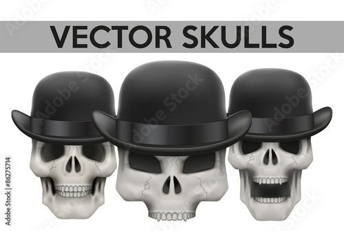 Set of Human skulls with bowler hat