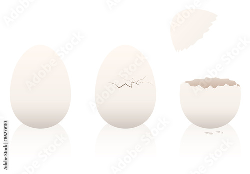 Eggs - one is intact, the second is broken, the third is open. Three-dimensional isolated vector illustration on white background.