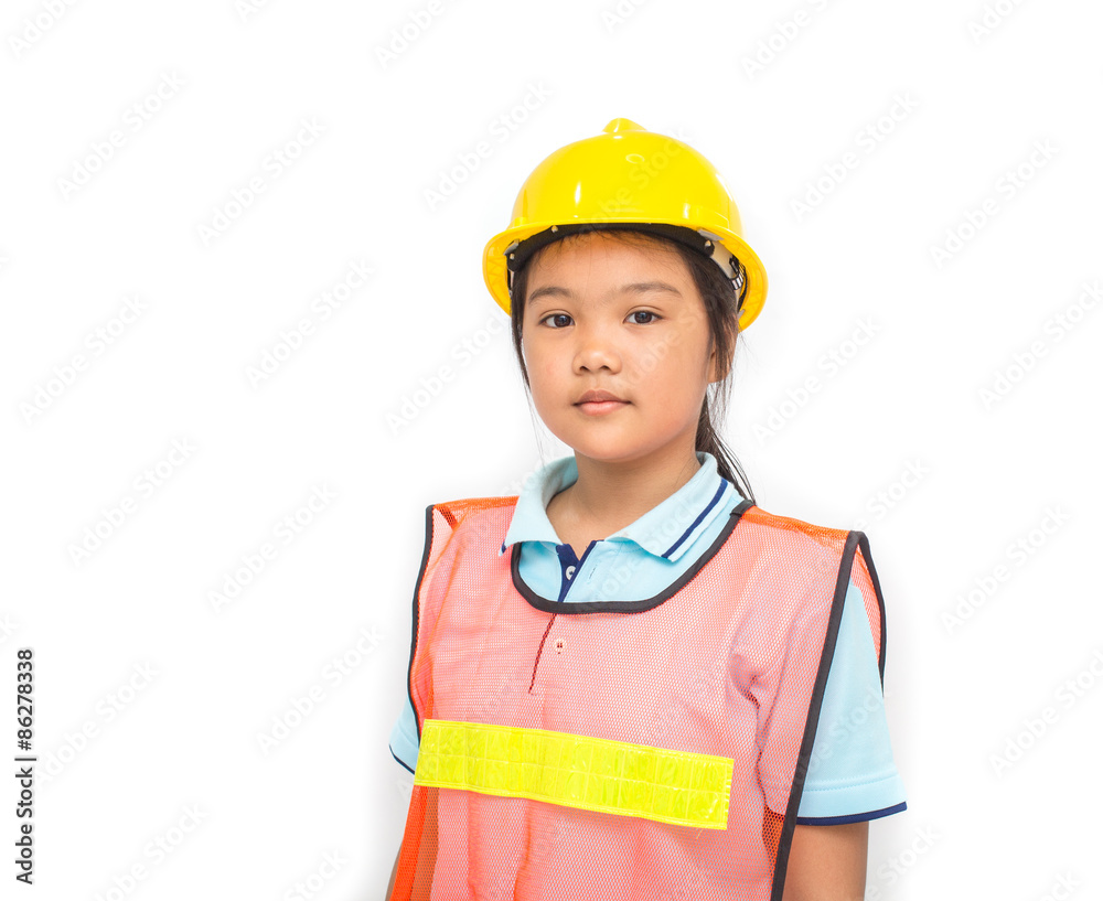 Young lady with safety helmet and reflection suit on white back ground Young lady with safety helmet and reflection suit on white back ground