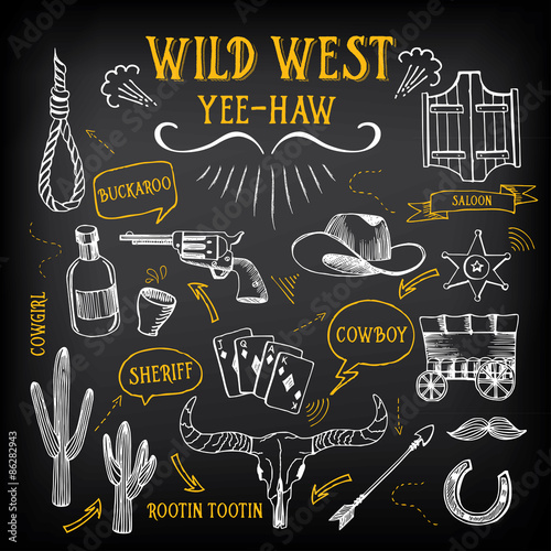 Wild west design sketch. Icons drawing vintage elements.