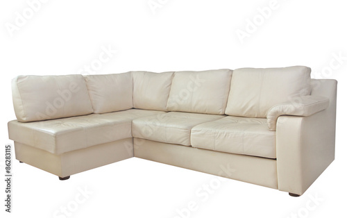 Beige leather corner sofa.Isolated.