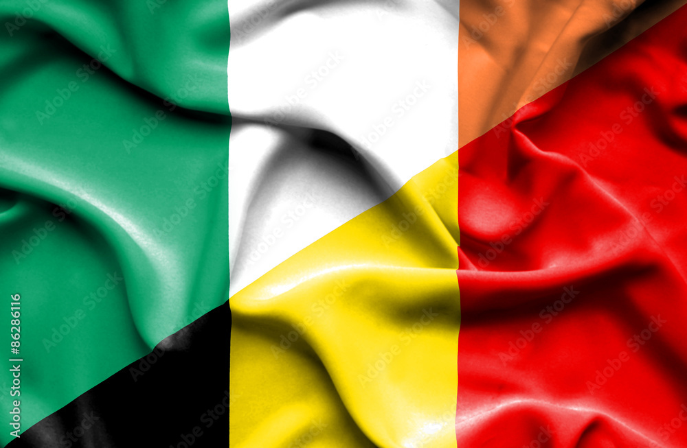 Waving flag of Belgium and Ireland