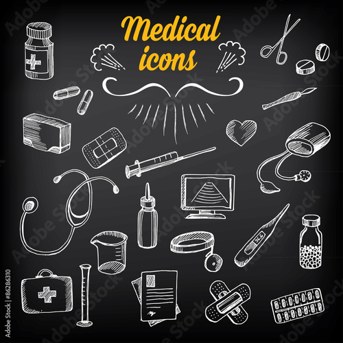 Medical icons, sketch design. Healthcare drawing chalkboard.