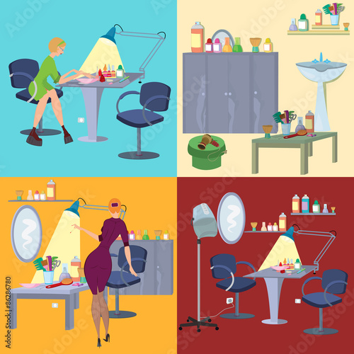 Beauty salon spa flat people and furniture