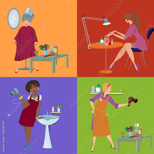 Beauty salon spa team and customers flat people