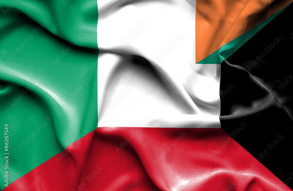 Fototapeta premium Waving flag of Kuwait and Ireland