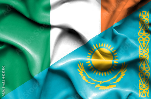 Waving flag of Kazakhstan and Ireland photo