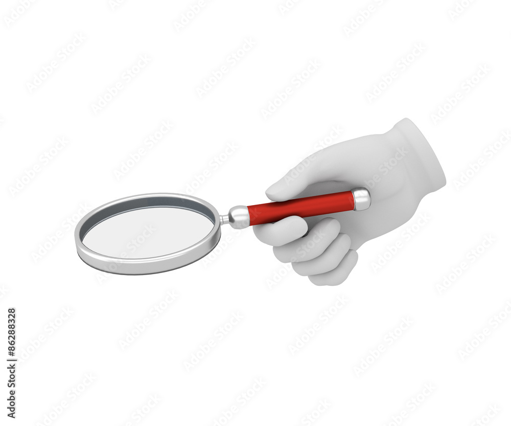 Hand in a white glove holding a loupe. 3d render. White backgroun Hand in a white glove holding a loupe. 3d render. White backgroun