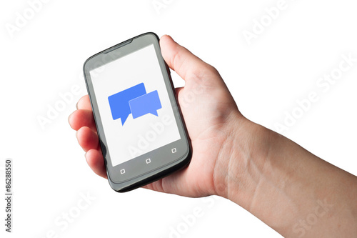 Hand holding mobile smartphone with new message on a screen. Iso