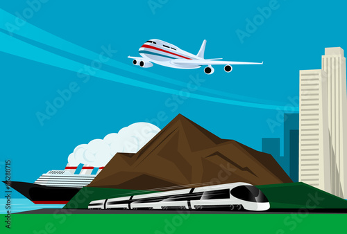 background image with train, plane and cruise ship