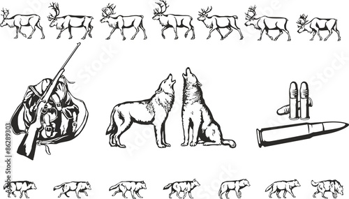 Wolves and deer / Vector drawings of wolves, deer and facilities necessary for hunting.