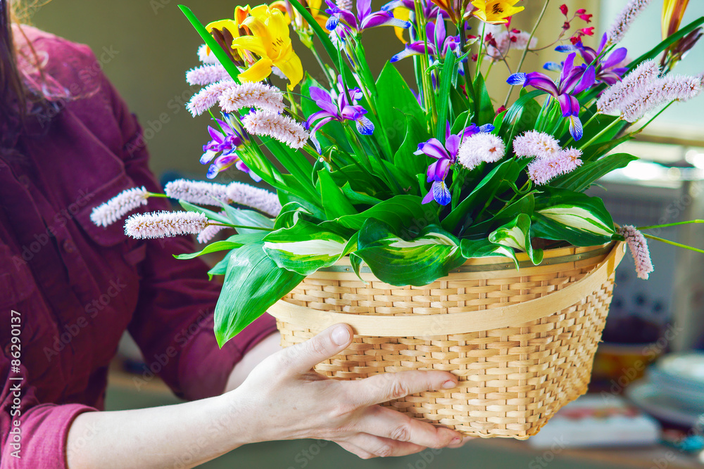 custom made wallpaper toronto digitalYoung woman holding flowers wicker basket
