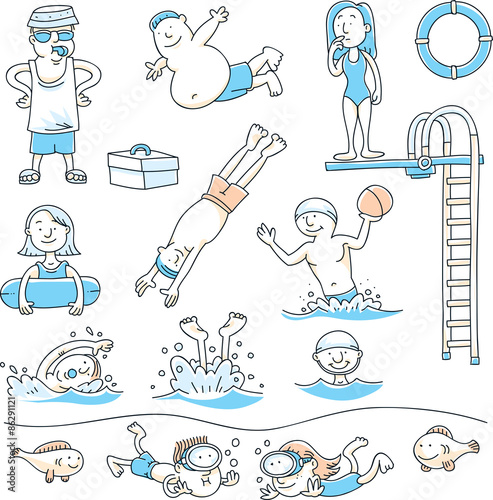 A collection of cartoons of people having fun swimming and diving.