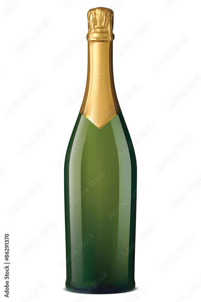 Champagne bottle with gold foil isolated on white. Vector illust Champagne bottle with gold foil isolated on white. Vector illust