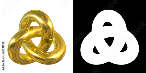 Golden Gordian Knot Sign, Reflection of Sky - gold/metal symbol isolated on white background + alpha mask.