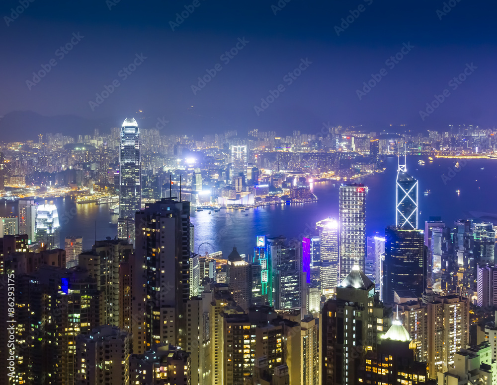 Night views of Hong Kong city from the viewpoint of Victoria Peak