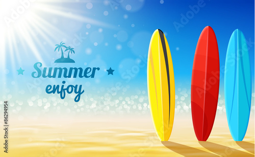 vector illustration of summer beach background with surf boards