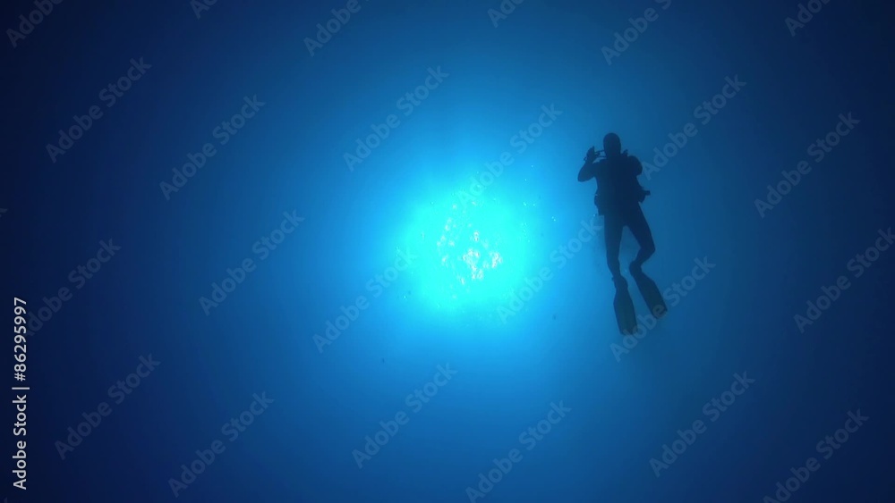 Divers Swims over Camera, underwater scene

