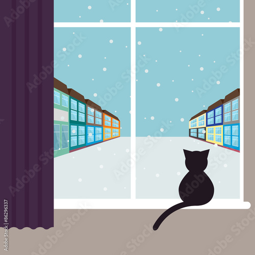 simple graphic illustration with black cat sitting on the window photo