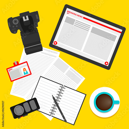 bright colored conceptual illustration in trendy flat style on the theme of breaking news with set of tablet, coffee, skip, recorder, camera, pencil and newspaper, isolated on yellow background