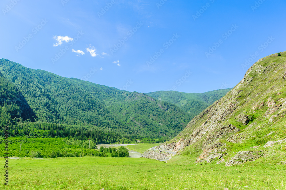 Mountain valley with river in Altai in summer